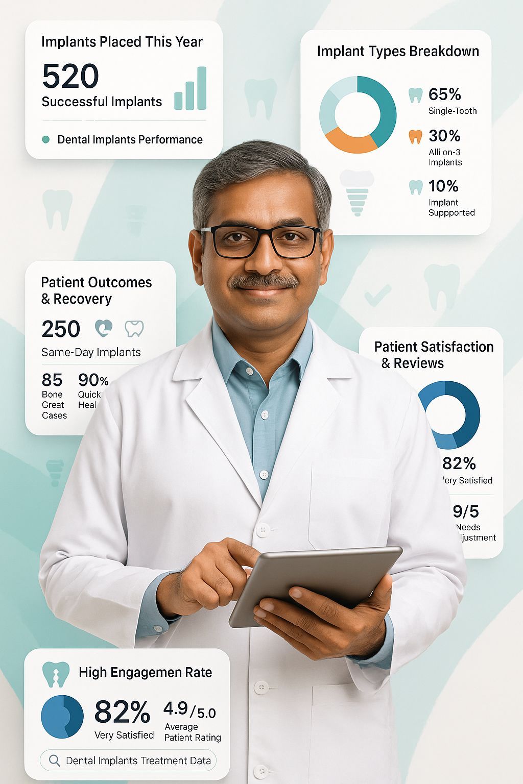 Dental implants SEO dashboard showing implant keyword rankings, traffic growth, and high-value patient acquisition metrics