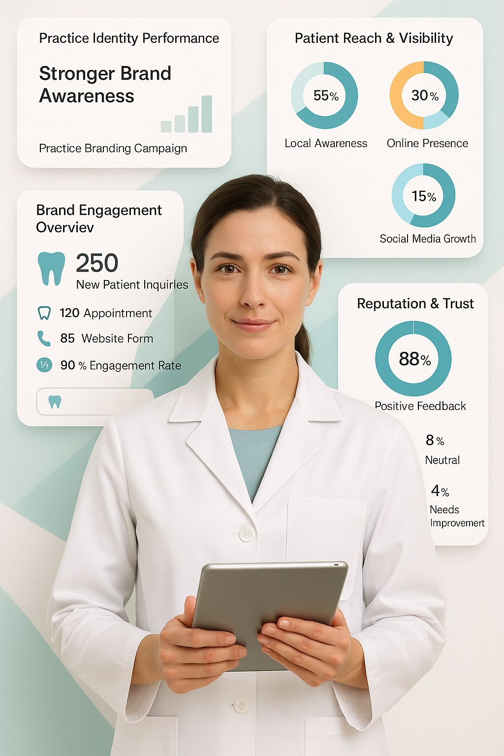 Dental practice branding dashboard showing brand performance, market positioning, and brand awareness metrics