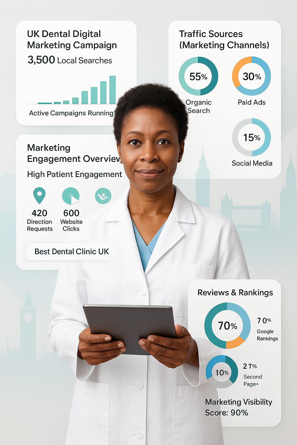 Dental digital marketing services in the United Kingdom showing SEO results, PPC campaigns, and social media marketing for UK dental practices