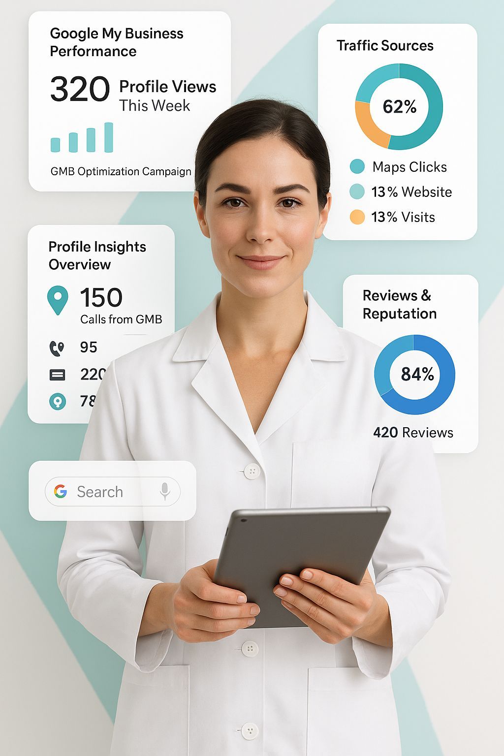 Google Business Profile dashboard showing local search optimization, review management, and local visibility metrics