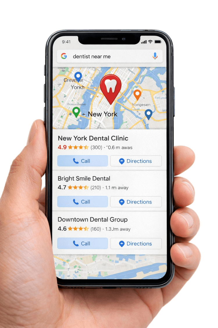 New York dental SEO dashboard showing rankings and map pack coverage