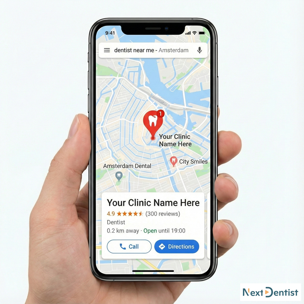 Amsterdam dental SEO dashboard showing local search rankings, neighborhood targeting, and Amsterdam keyword performance