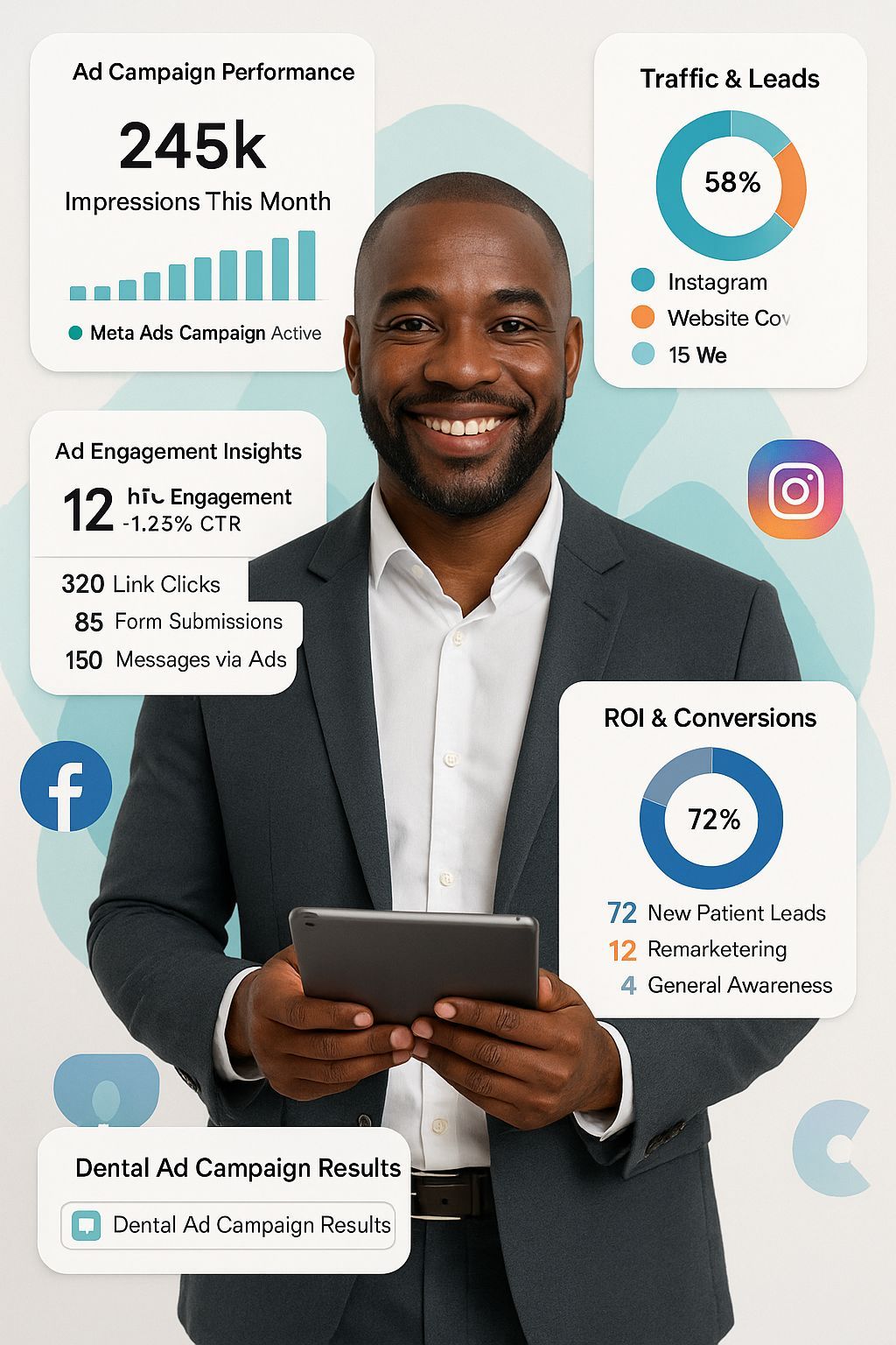 Meta Ads dashboard showing social media campaign performance, audience engagement, and lead generation metrics