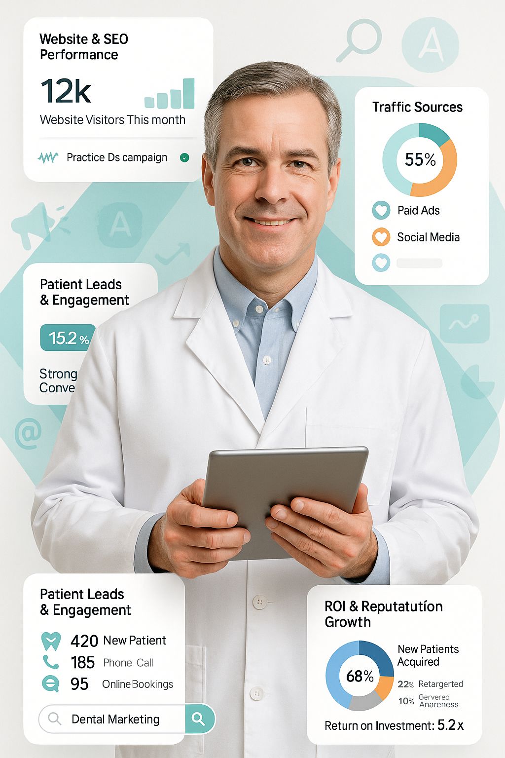 Dental practice marketing dashboard showing SEO results, traffic sources, and lead generation metrics