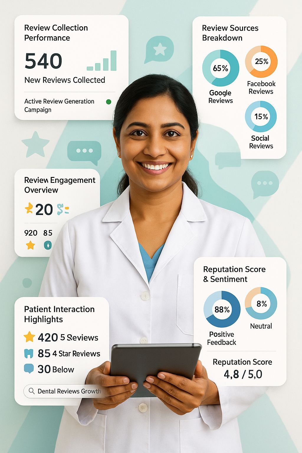Online reviews dashboard showing review generation, reputation management, and star rating improvement metrics