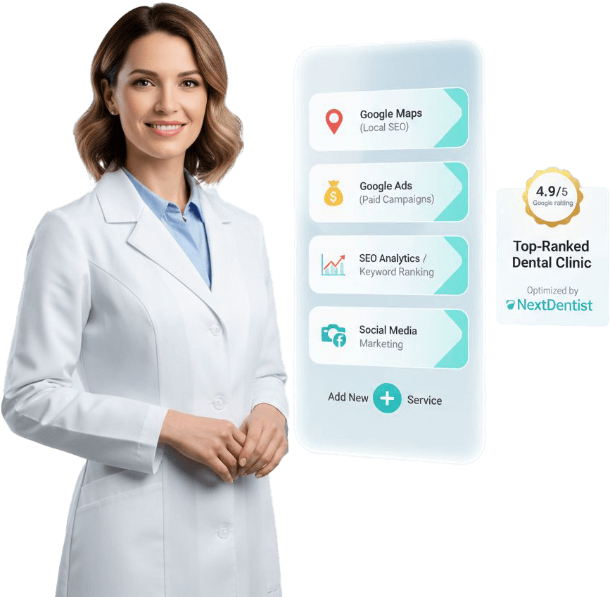 Dental SEO dashboard showing search rankings, organic traffic, keyword performance, and lead generation metrics