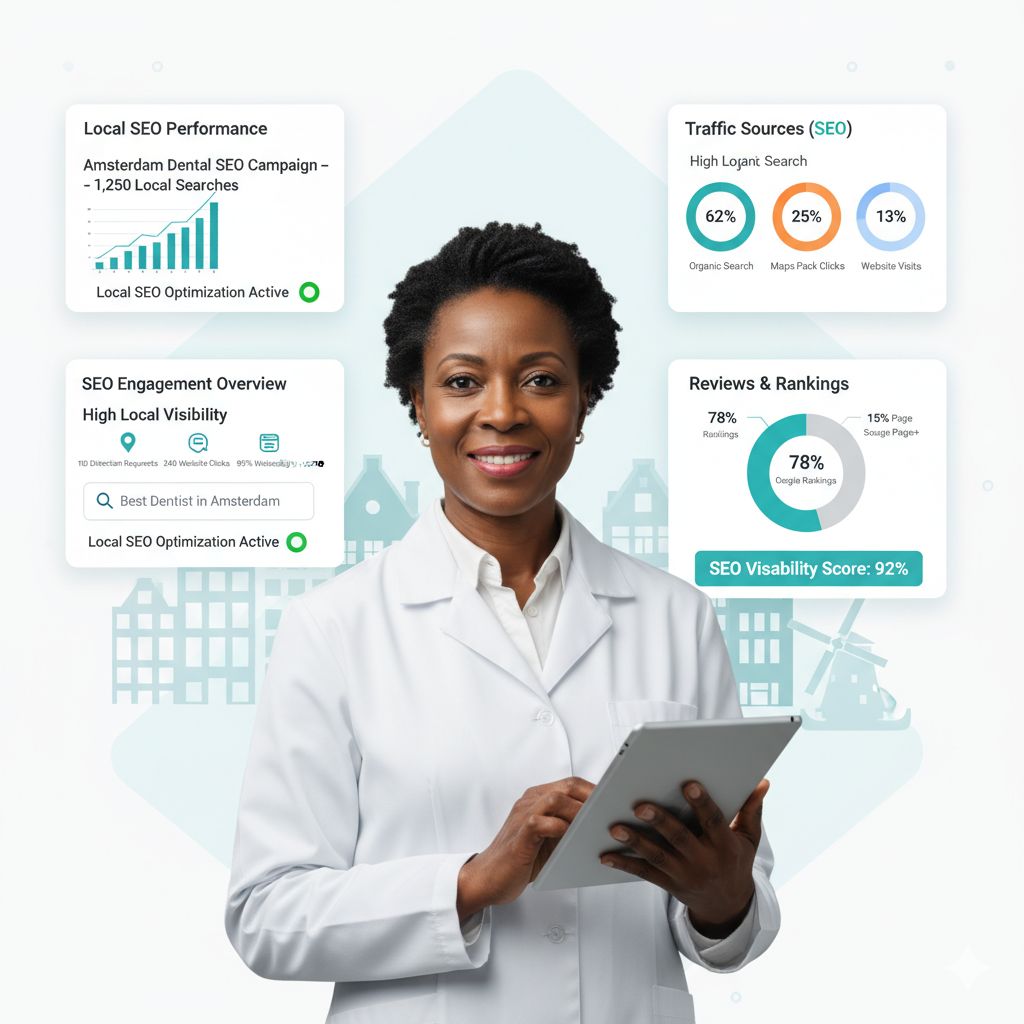 Dental SEO company dashboard showing keyword rankings, website traffic growth, and patient acquisition metrics for dental practices