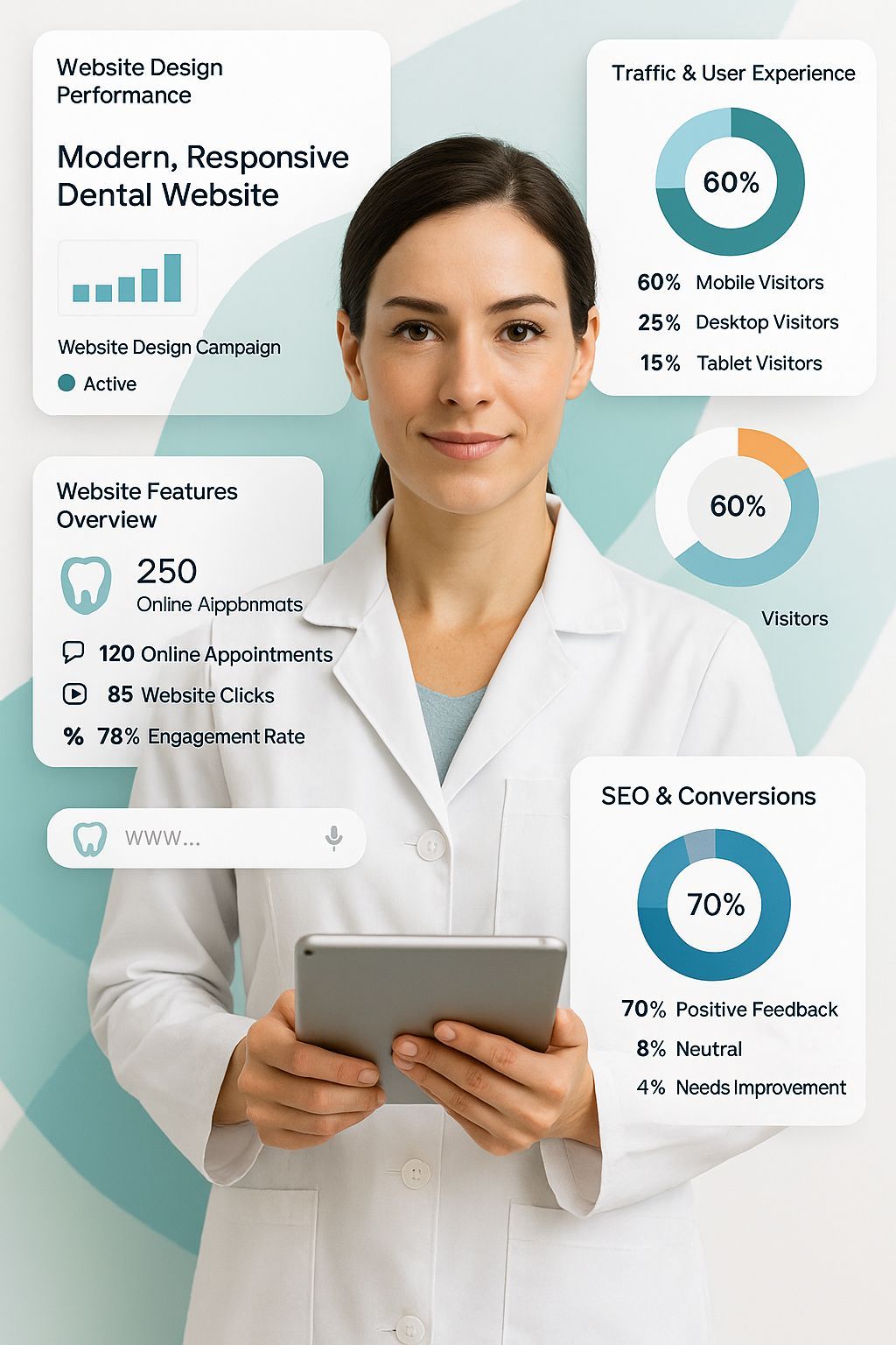 Modern dental website design dashboard showing website performance, traffic sources, and conversion metrics